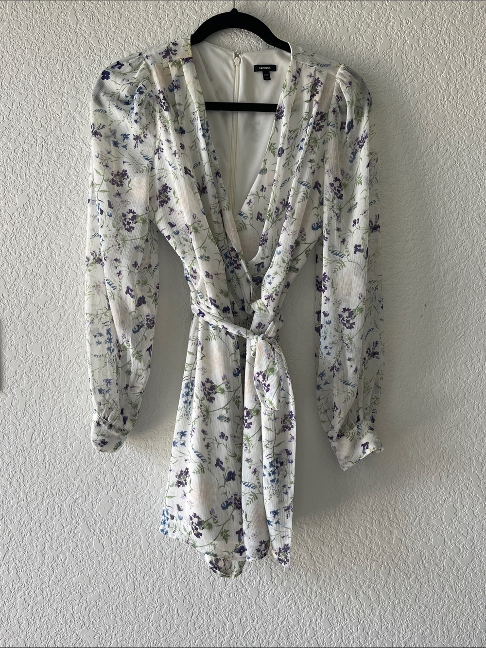 Express White Floral Wrap Dress Romper with Purple and Green Print